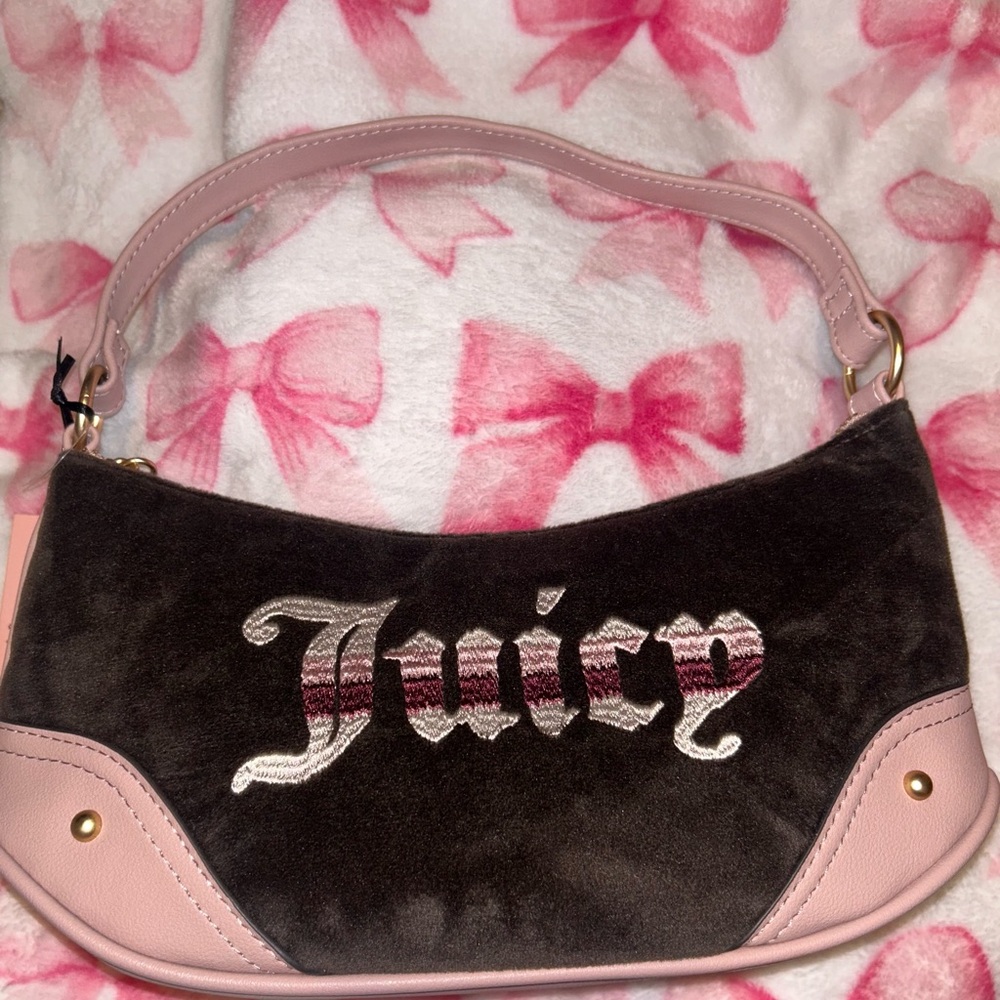 Juicy Couture Pink and Brown Velvet Shoulder Bag with Embroidered Logo